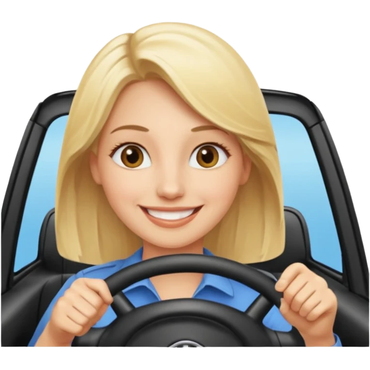 blonde woman driving car. Happy face confidence emoji