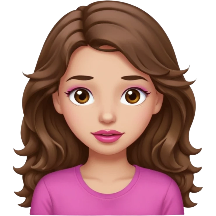 girl with long wavy brown hair, brown eyes, light to medium complexion, in a pink shirt, pink lips, long lashes, puckering lips, winking emoji