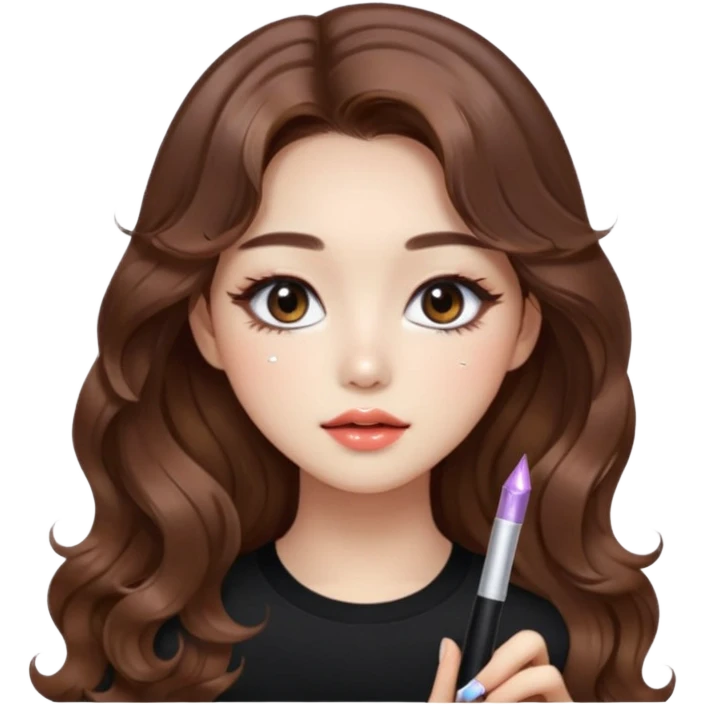 “korean brown hair Emoji girl, soft eyeliner, gradient lips, light brown shimmer eyeshadow, sparkly aegyo-sal, long wavy hair,  emoji