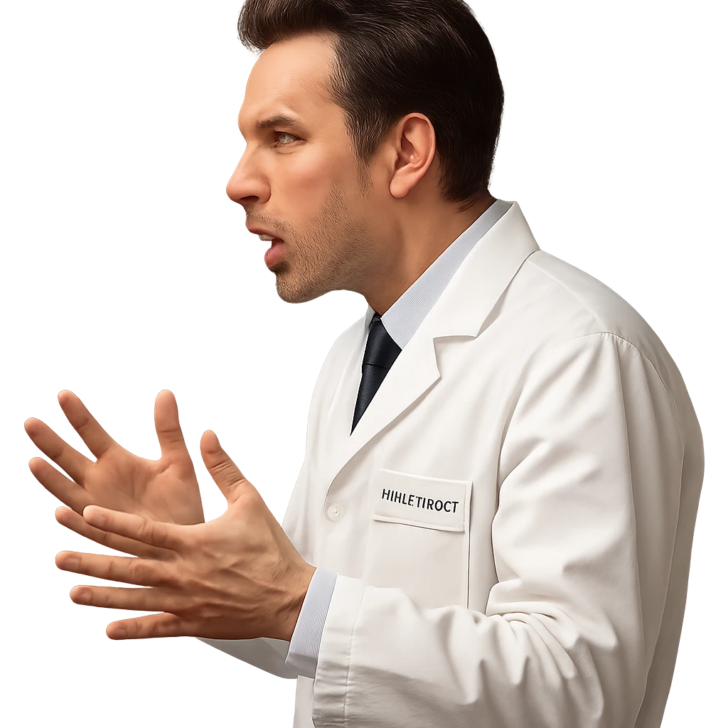 3D render of a nutritionist wearing a white lab coat, side view, animatedly discussing, hands in motion, intense expression, isolated white background, hyperrealistic 4K details emoji