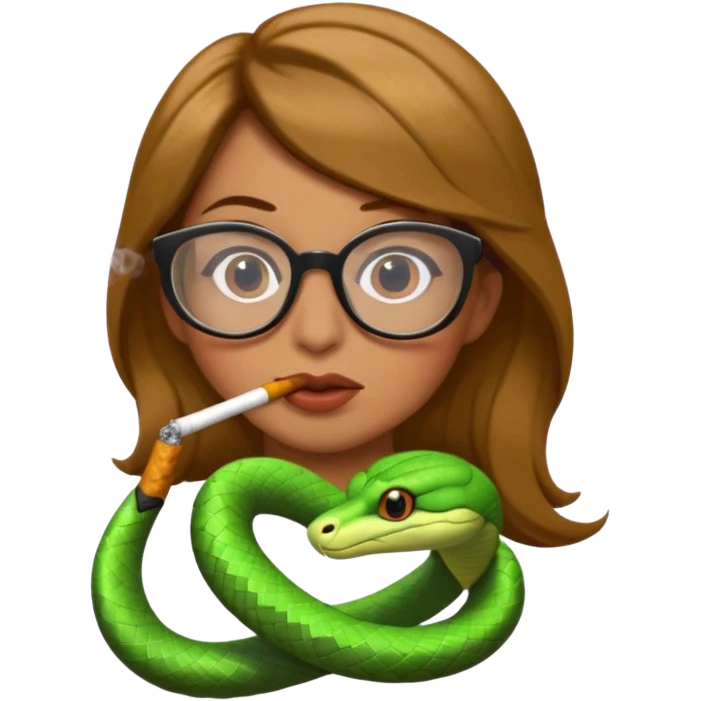 can you create a sneaky bitch SNAKE with big glasses smoking a cigarrette - with light brown hair, green snake, with hands on her chin as if she's innocent but with a bitchy look in her eyes and cigarrette in the mouth emoji