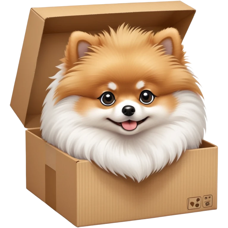  A very cute young pomeranian  with one's head tilted to one side poked its paws out of the cardboard big box and placed them on top of it emoji