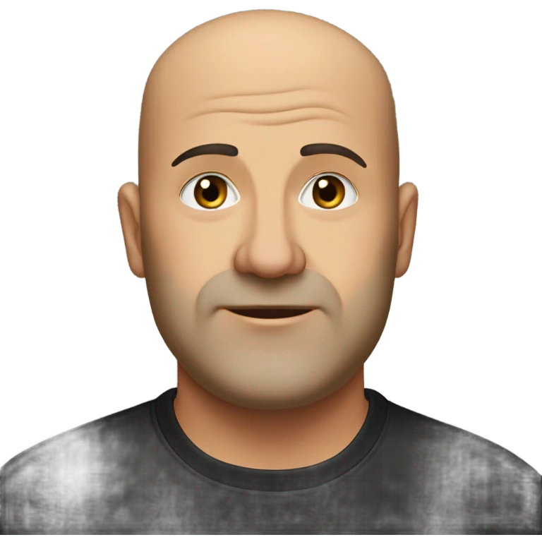A slightly overweight middle-aged Italian man with olive-toned skin with bald hair and no facial hair. He is wearing a sleek black smart shirt, casually unbuttoned at the top. emoji