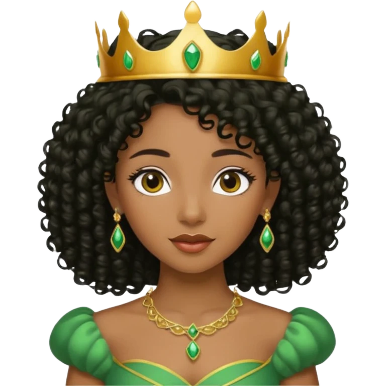 balck princess with black curly hair and a golden tiara. Green dress emoji