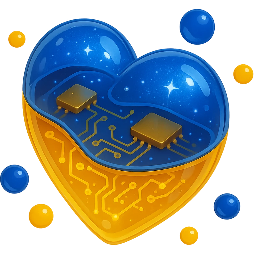 heart with yellow base, sparkly royal blue topping, yellow and royal blue bubbles around emoji