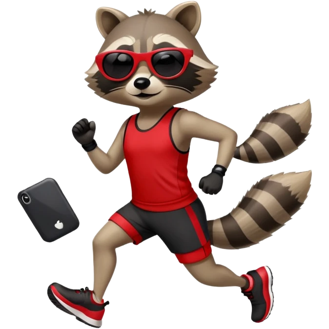 friendly anthropomorphised raccoon in sports wear, wearing dark sunglasses, jogging upright in standard pose emoji