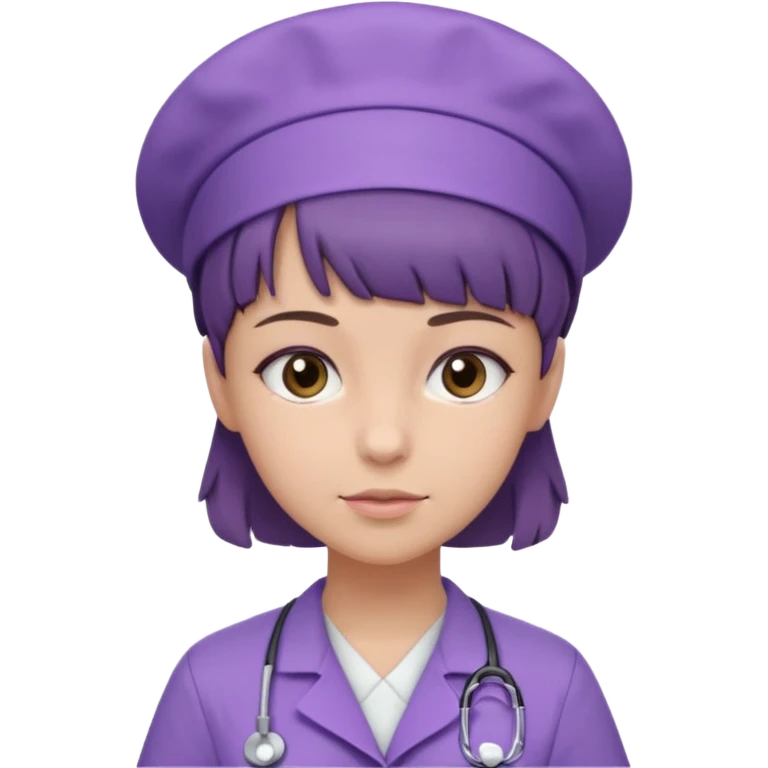 A young female slim nurse with short Brown hair with fringe over her forehead, wearing larvendar purple working cloth only no cap on her hair emoji