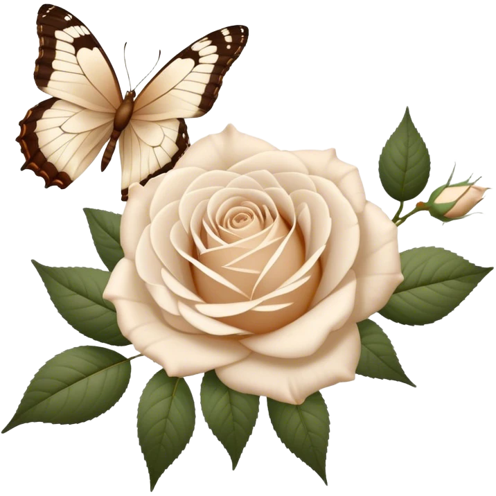 A bouquet of white Ascott tea roses next to a beige aesthetic vintage style leaf and a brown beautiful butterfly emoji