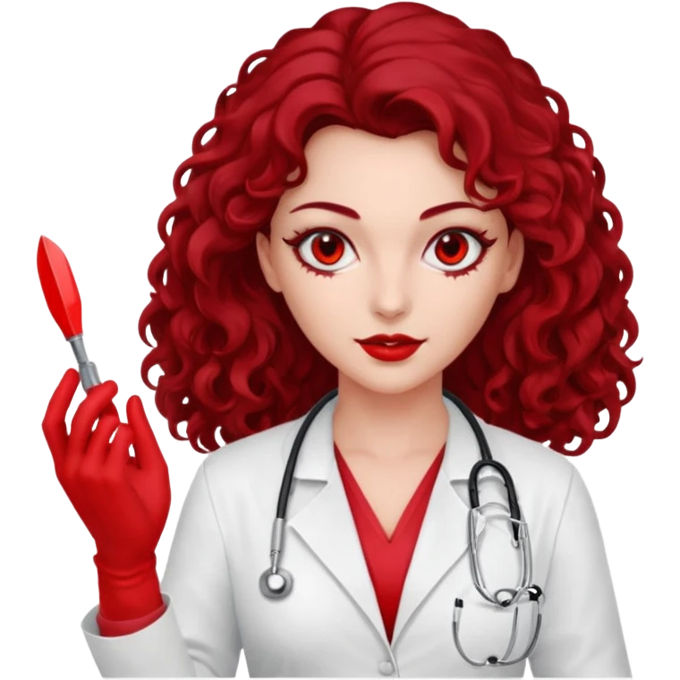 Lilith scalpel in hand, evil surgeon red outfit.  She has red eyes. She has dark brown long curly hair. Wears sexy doctor outfit with red gloves emoji