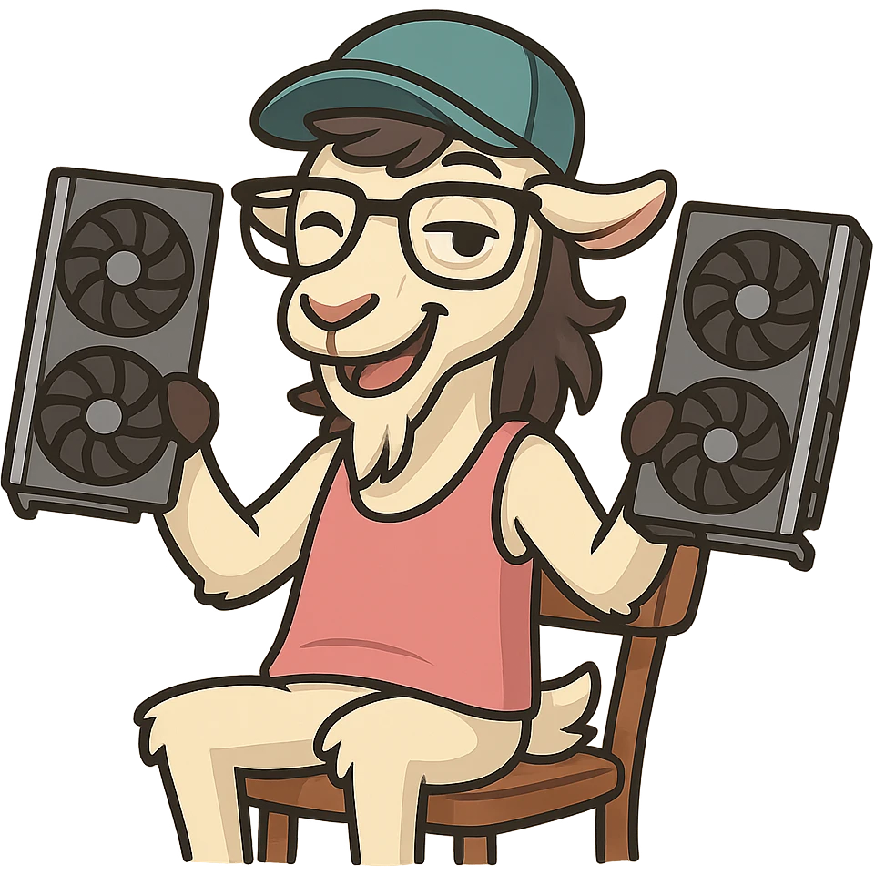 goat for Telegram stickers inspired by reference https://attic.sh/feoducyurkpqwz0la088soao98sx: wearing a cap, glasses, mullet hairstyle, pink drunkard tank top, sitting on a chair, holding a large video card in each hand at shoulder level, winking, pose like in the photo, clean lines, soft gradients. transparent background emoji