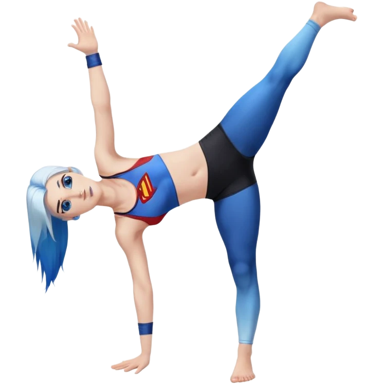 Sexy full body-very very very large upper body-sexy face-doing handstand-very long very straight dark blue to light blue hair ombre-and-blue eyes-black eyeliner-long eyelashes-irridescent small bikini top with superman logo-overalls shorts emoji