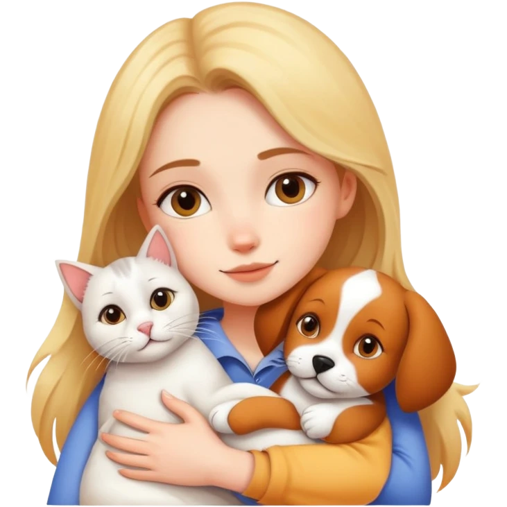Beautiful girl hugs a cat and a dog tightly emoji