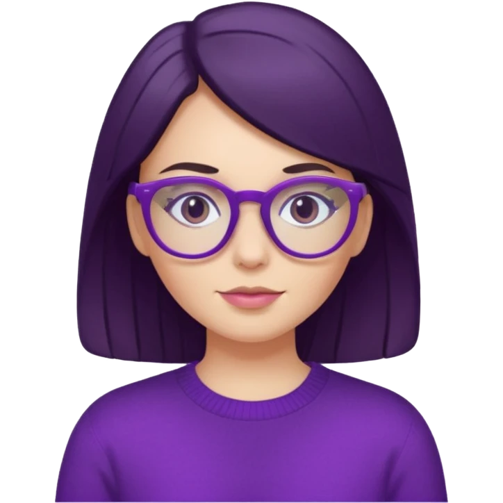 white girl with dark hair wearing purple sweater and purple glasses, portrait emoji