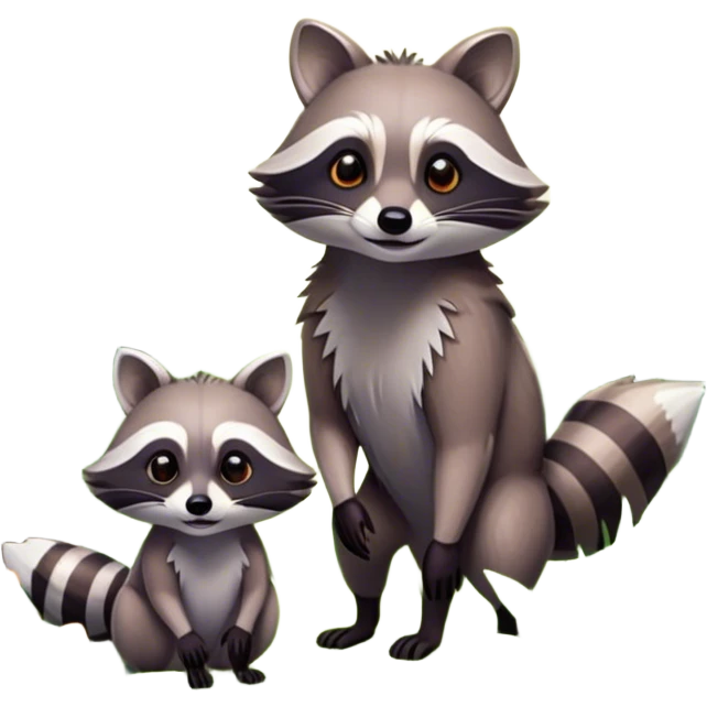 Collage of a raccoon and a fox, in close-up, set in a beautiful forest with tall trees, green bushes, and sunlight filtering through the leaves and flowers. A vibrant, wild atmosphere with a transparent background. emoji