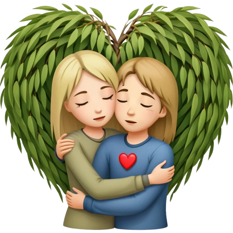 heart-shaped weeping willow tree surrounding two friends hugging in a comforting way, supportive embrace, with small heart symbol emoji