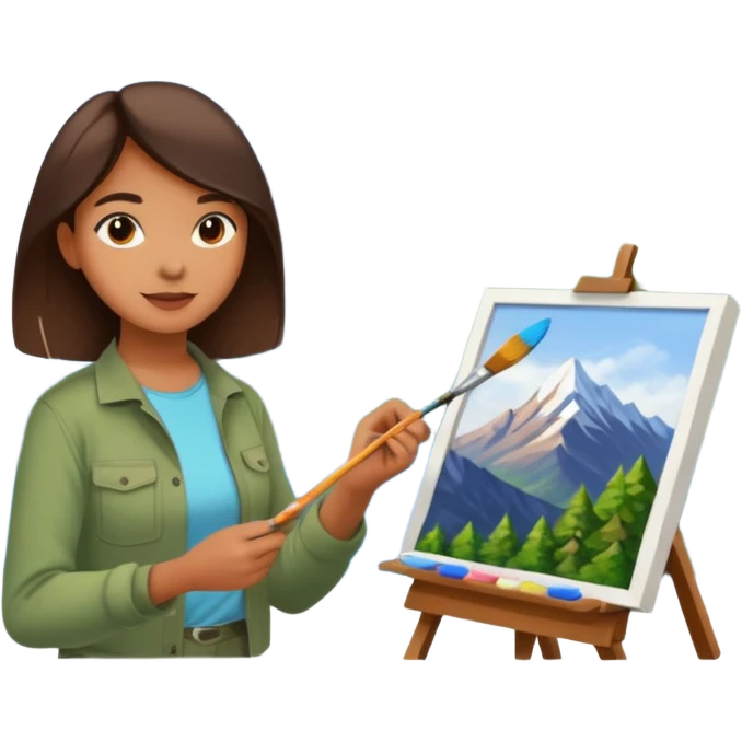 Female artist painting a beautiful mountain peak destination on canvas emoji
