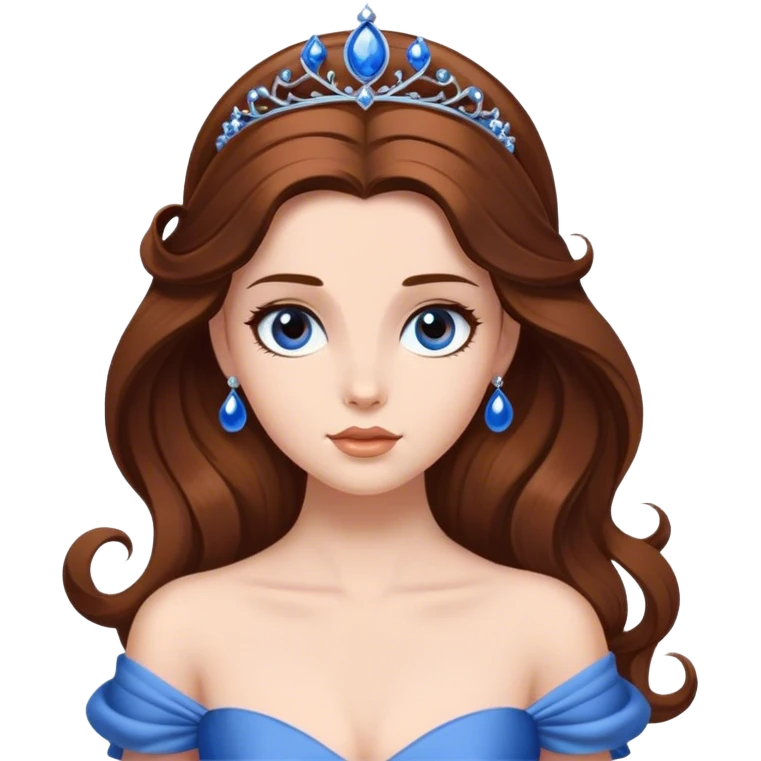 Cinematic Elegant Belle Portrait Emoji, rendered in a realistic, vector-style with minimal shading and bold, simplified shapes. Depict Belle (chest and above) with fair, luminous skin, deep brown expressive eyes, and long, flowing chestnut hair styled elegantly, wearing her classic blue ball gown. The image glows with a soft, warm radiance and high shine, capturing timeless refined beauty. emoji
