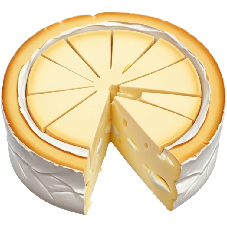 small wheel of camembert cheese, white bloomy rind, creamy pale yellow inside, one slice cut out revealing soft slightly oozing center, smooth rich texture, subtle wrinkled rind, no box or extras, soft lighting, subtle shadows, emoji scale emoji