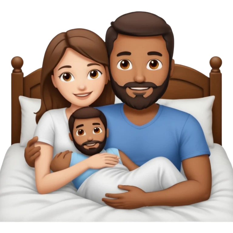 brown man cuddling white brunette woman in bed  emoji