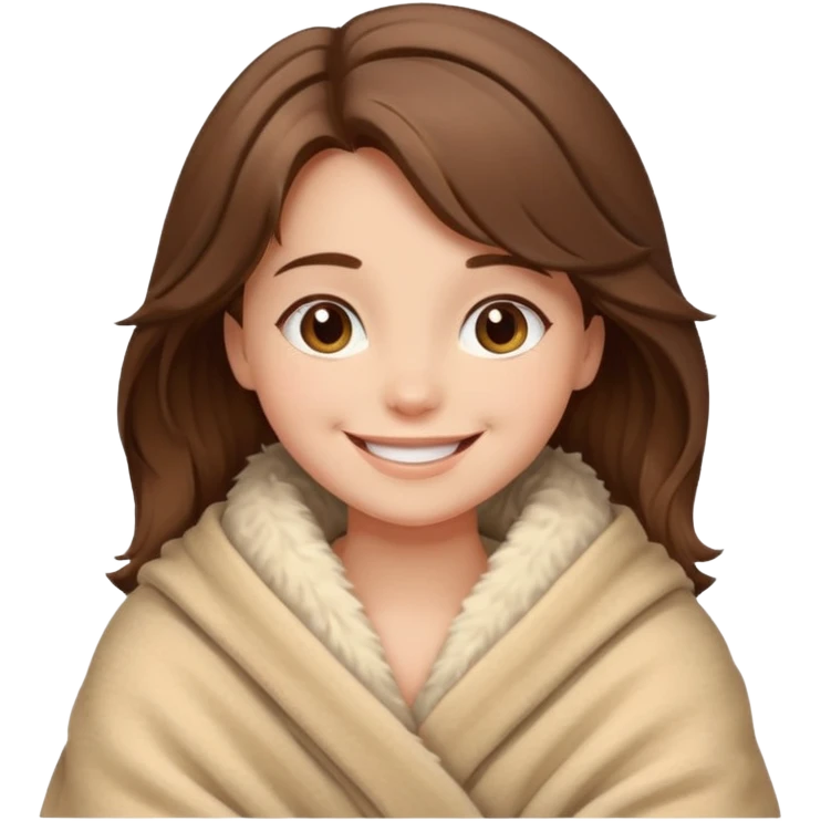 happy brown haired girl wrapped up in fluffy beige blanket emoji