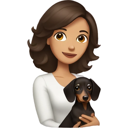 A woman with shoulder length dark brown hair holding a dachshund  emoji