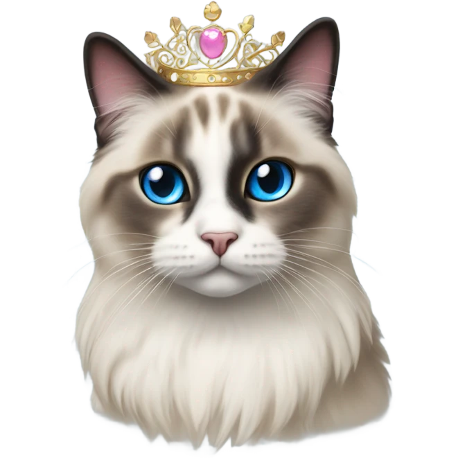 Realistic ragdoll cat with blue eyes and Dark markings wearing pink and gold tiara emoji