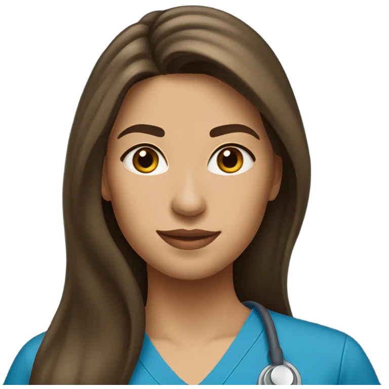 Nurse, woman, long brunette hair, no hat, blue scrubs emoji