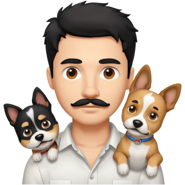 Light ski Young man, messy black hair, moustache, white shirt, dog emoji