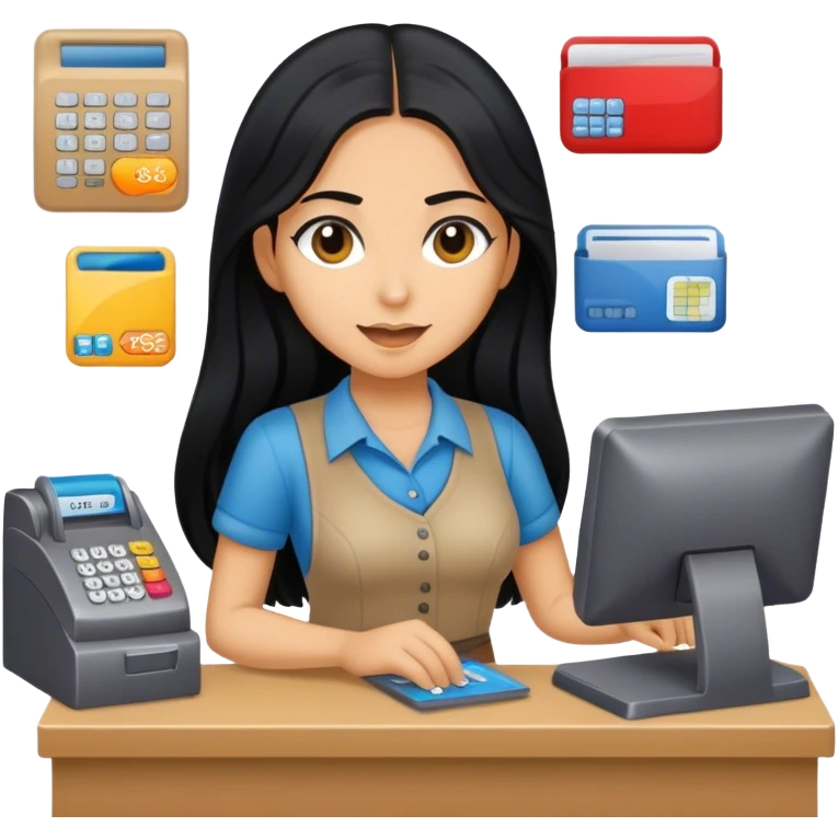 perempuan dengan rambut hitam panjang sedang bekerja sebagai kasir  emoji