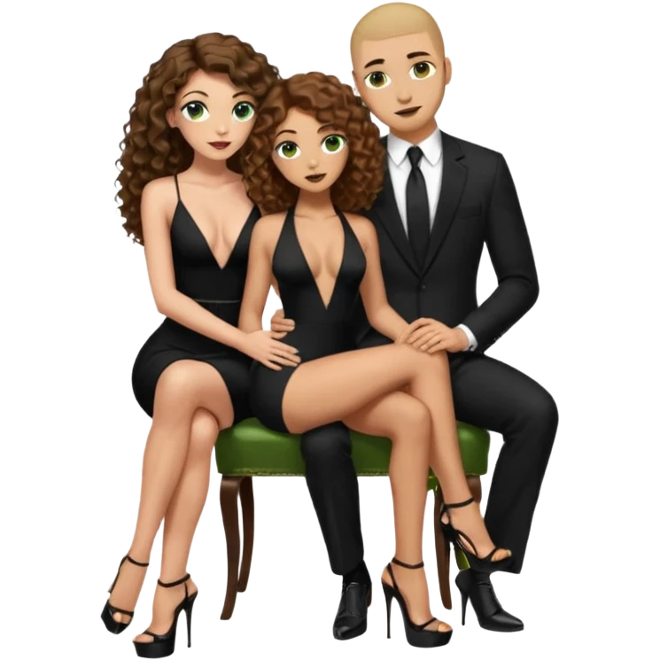 Sensual woman green eyes woman only brown long curly hair evil,with 7 inch platform stripper high heels long low cut black dress, man is touching woman’s butt, sitting on a buzz cut hair brownman’s pimp lap, holdingwomans butt man is wearing a black suit emoji