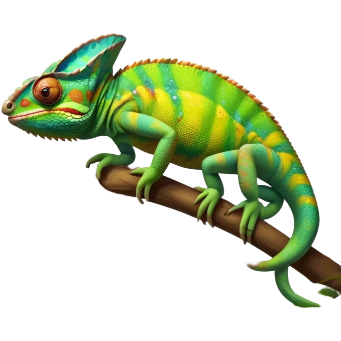 Giant Chameleon blending into natural surroundings, perched on a branch. Its vibrant colors shift with the environment. Lush greenery, branches, and soft sunlight create a peaceful, nature-filled background. Transparent background, showcasing the chameleon's colorful, textured skin. emoji