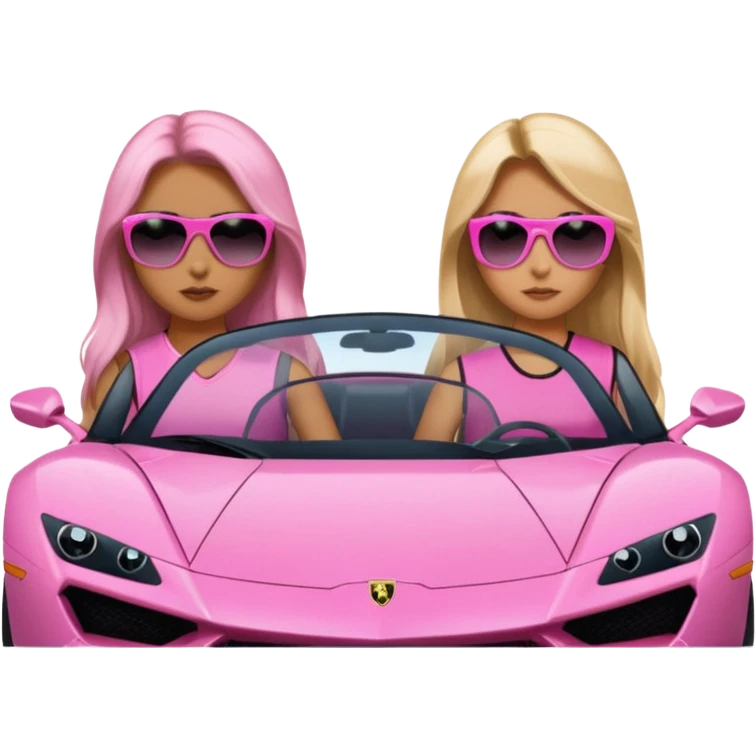 Add sunglasses Make car far away so I can see full car Car facing forward in sports car. Make hair long  two girls in car far away Front of car sitting in the seats. Make it a pink sports car. They are two baddies make it a Lamborghini pink car  emoji