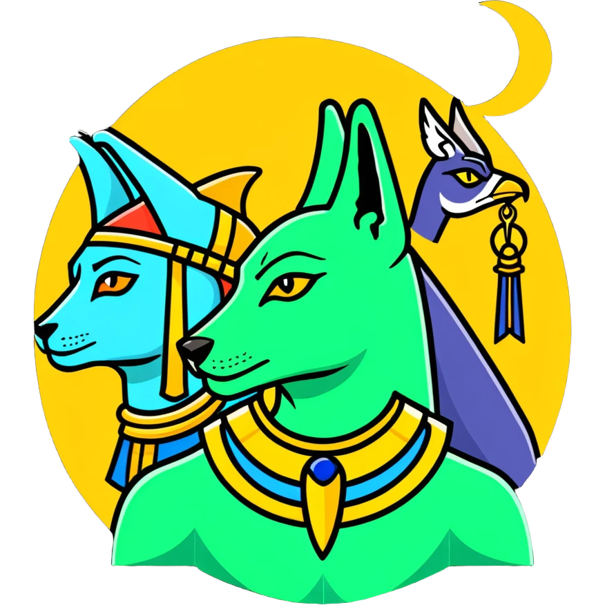 Egyptian gods Osiris with green skin and Atef crown, Khonsu with falcon head and moon symbol, and Anubis with jackal head standing together emoji