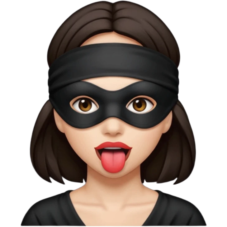 woman with dark brown hair wearing black blind fold completely covering her eyes. tongue out emoji