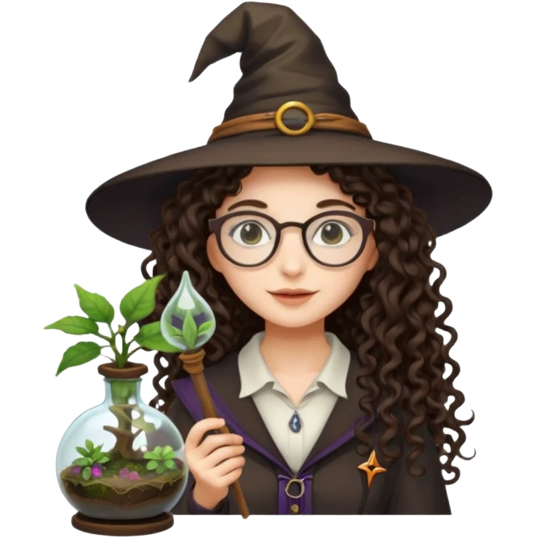 A long curly haired brunette girl with a witch hat, round white glasses, and a plant wand or plant potion terrarium emoji