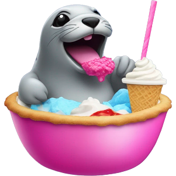 a big fat seal eating a blue and hot pink snocone with pizza on top and sitting in a bowl of fro yo emoji