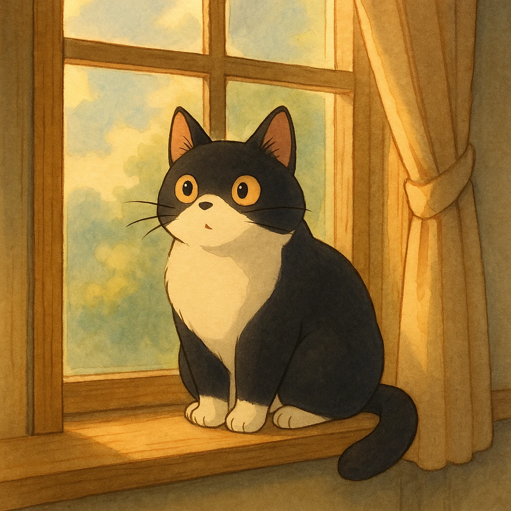 ghibli style cat perched on a window sill with soft lighting emoji