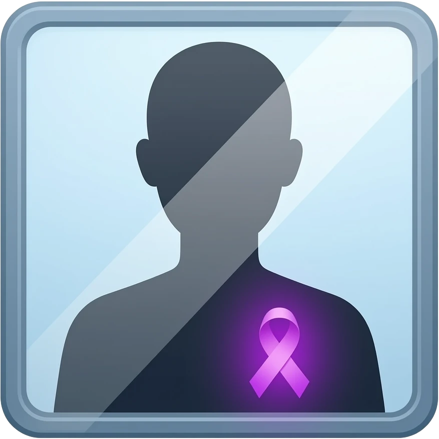 iOS-style emoji: a mirror reflecting a human silhouette wearing a little glowing purple ribbon on the chest, symbolizing fibromyalgia awareness, soft gradients, cute and subtle, transparent background emoji