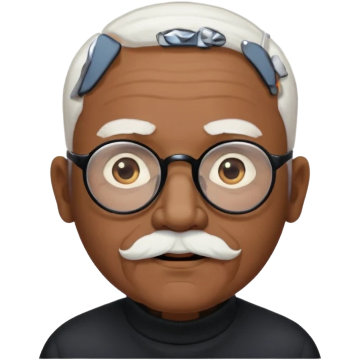 an elderly man with medium-dark skin tone, bald on top with short white hair at the sides, thick white eyebrows, large brown eyes, and wears black-framed glasses.
A small white beard sits above his mouth emoji