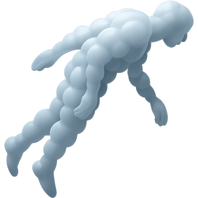 side view of unconscious person flying upwards by torso, legs and arms downwards, made of small very bright white fluffy convex clouds, matte glass style emoji
