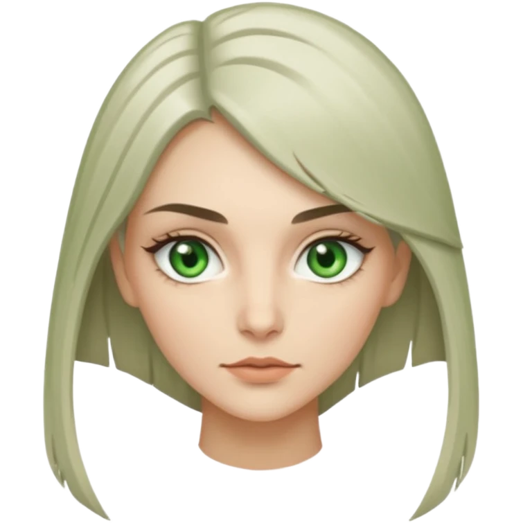 женщина с зелёными глазами, красивыми бровями, серо-бежевыми длинными волосами, с асимметричным пробором чёлкой, подстриженной каскадом, анфас  emoji