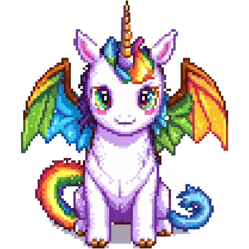 dragon with big eyes, large rainbow wings, and a unicorn horn emoji