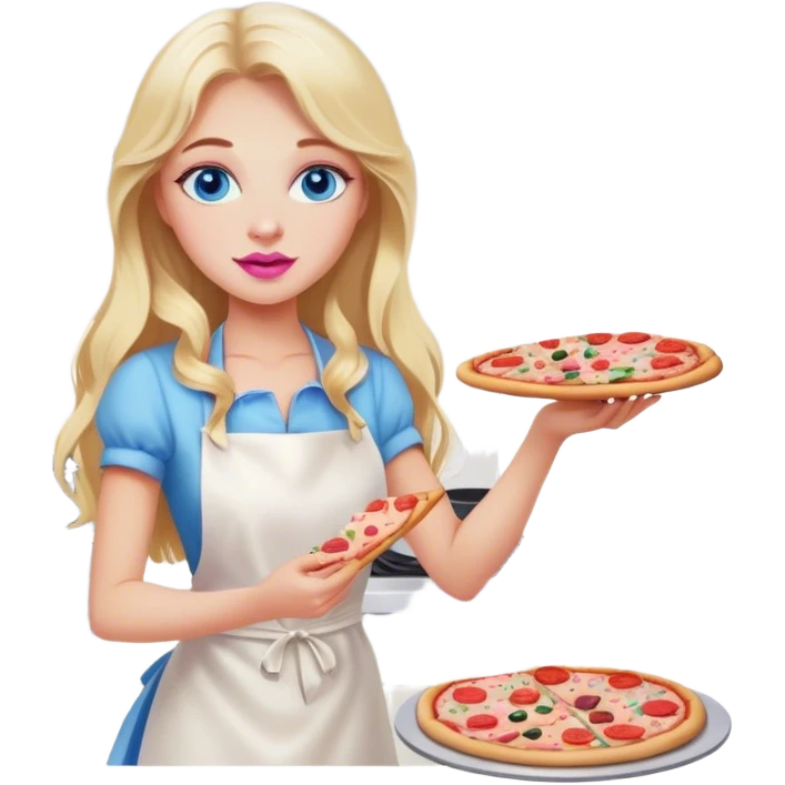 Cinematic realistic beautiful blonde with long hair, blue eyes and pink lips in a white dress cooks pizza emoji