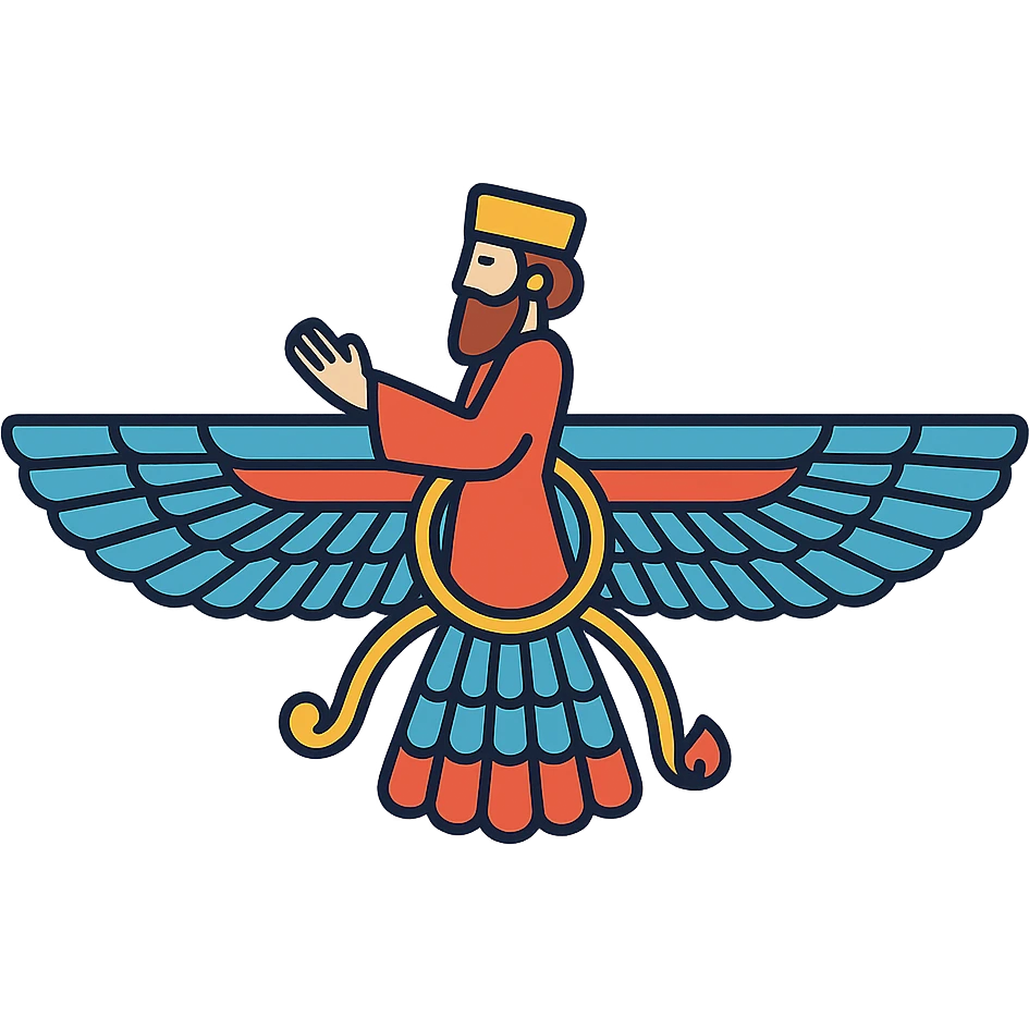 Faravahar symbol, color outline icon, elegant and detailed, black outlines with subtle color accents, no text emoji