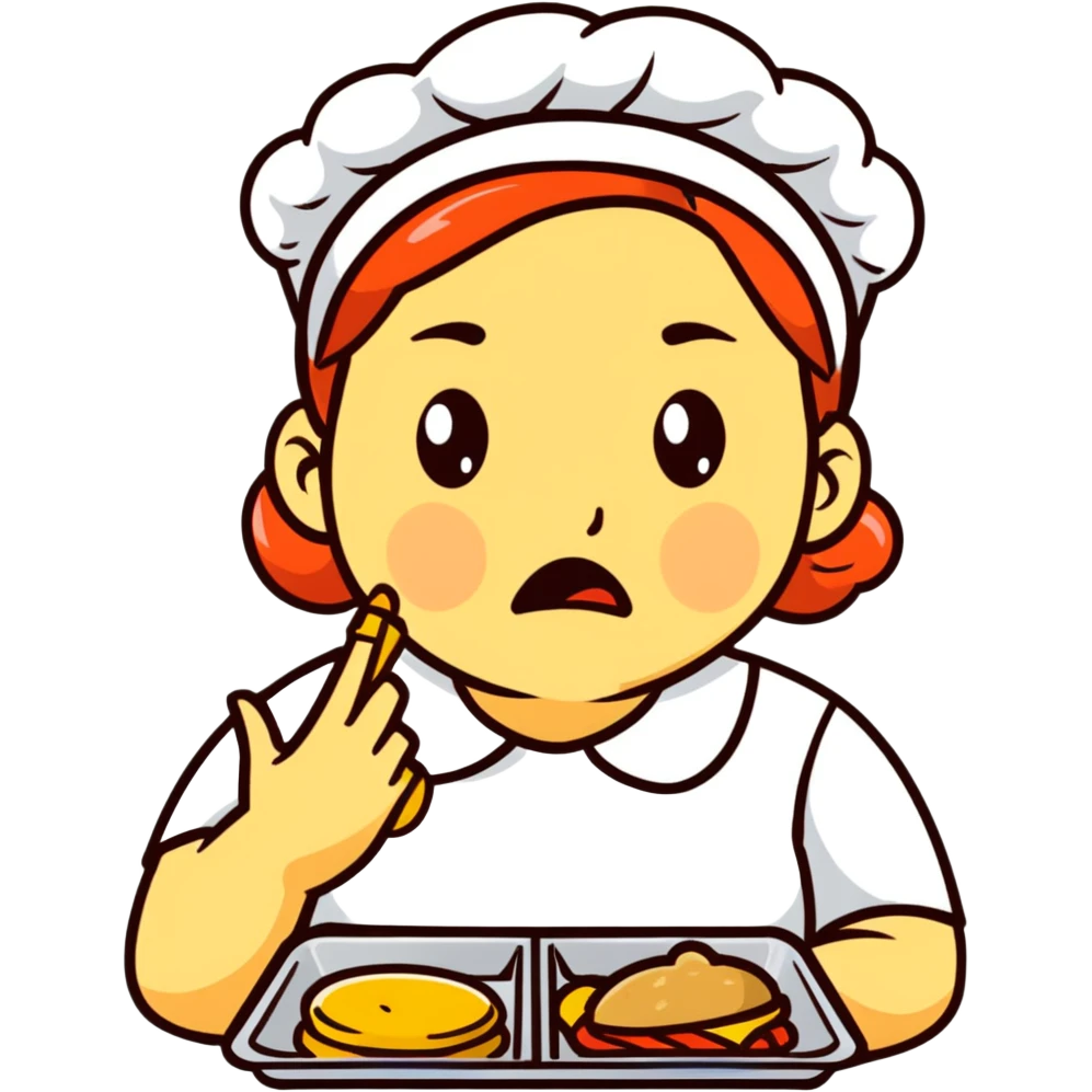 cartoon sticker of a lunch lady with a disgusted expression, holding a tray of gross food emoji