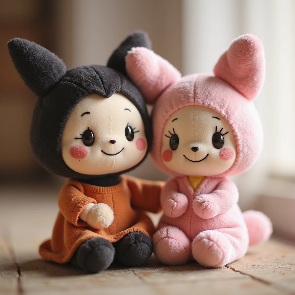 Kuromi and My Melody together, photorealistic style, soft lighting, both smiling, plush toy look emoji