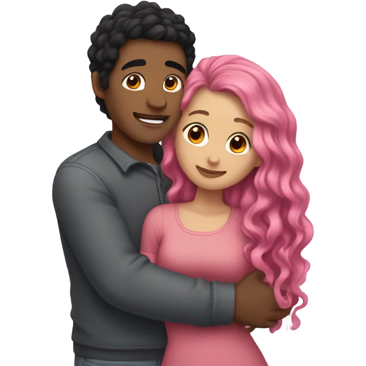 make a guy and a girl, they are hugging, the girl has pink long wavy hair. The guy has black hair and light skin. They are facing each other emoji