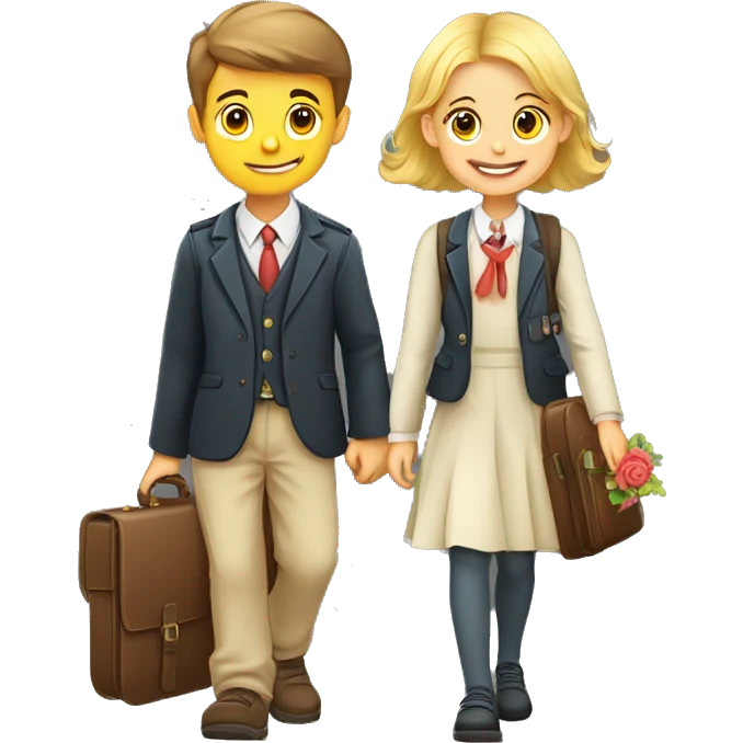 A boy and a girl, schoolchildren, go to school with briefcases and flowers on September 1, cartoon style, clipart emoji
