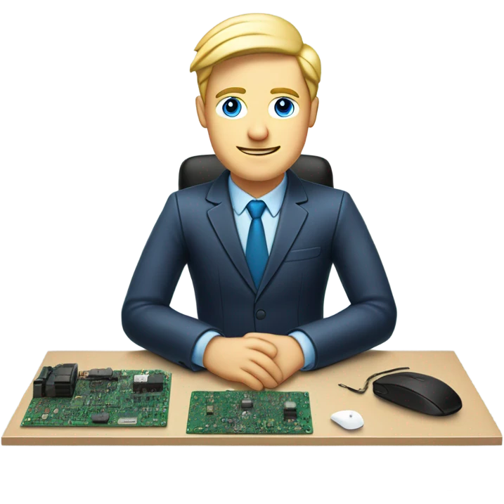 male, european blond with classs, blue eyes, pcb laying on desk emoji