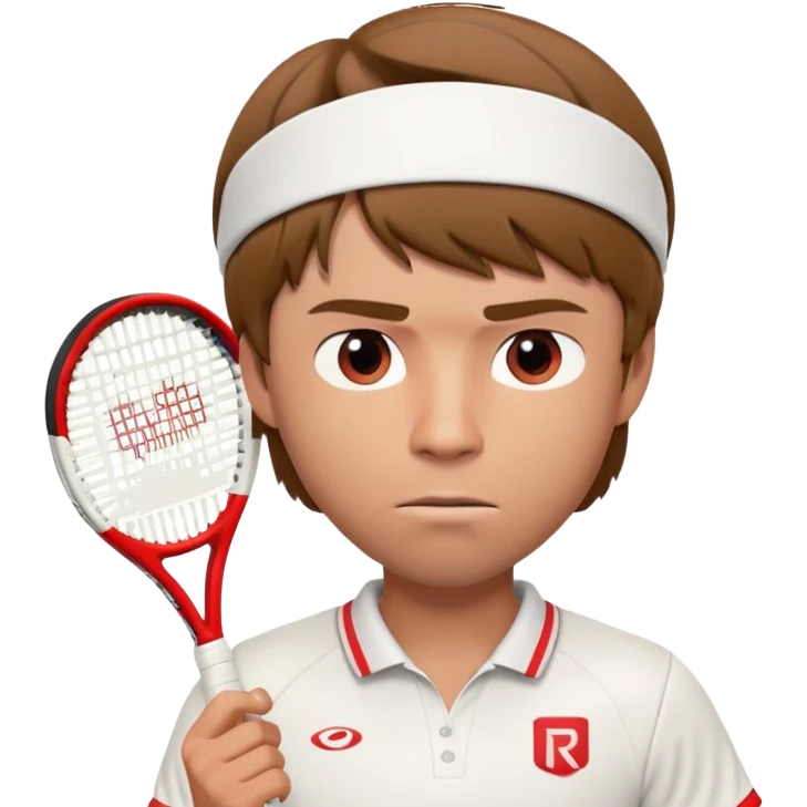 A 3D cartoon-style illustration of a male tennis player resembling Andrey Rublev. He is wearing a white tennis shirt with a small logo, a white wristband, and holding a red and white tennis racket. His expression is serious and focused. He has short brown hair and a headband with a small red logo. The style is similar to an Apple emoji or Memoji character – clean, high-quality, slightly exaggerated facial features, and polished rendering. White background.
 emoji
